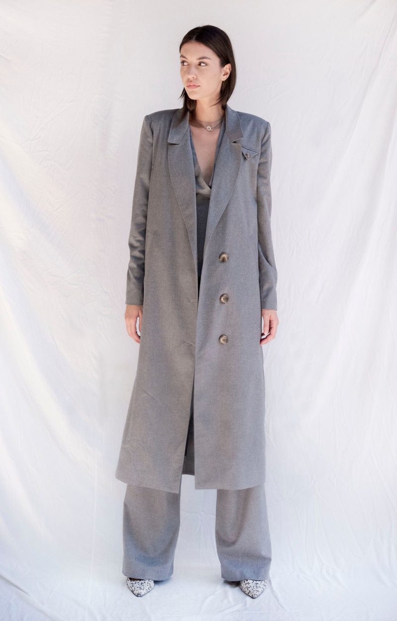 bastet noir women s outerwear 3 piece trouser trench coat vest set in grey wool blend 3 piece trouser trench coat vest set in grey wool blend 42063700164866