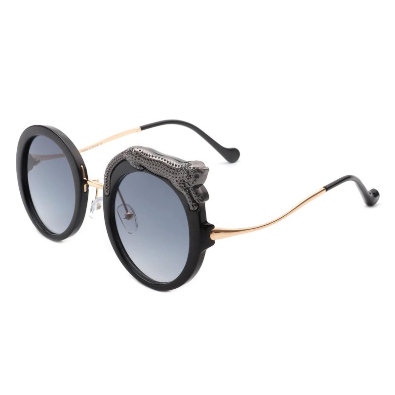 Cramilo Eyewear Sunglasses Black/Gunmetal Yellowze - Women Circle Oversize Fashion Round Sunglasses W/ Leopard Design