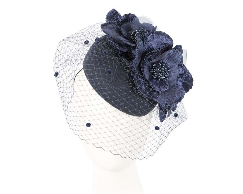 cupids millinery women s hat navy navy winter racing felt pillbox with flower and veiling by fillies collection f667n 38956860178690