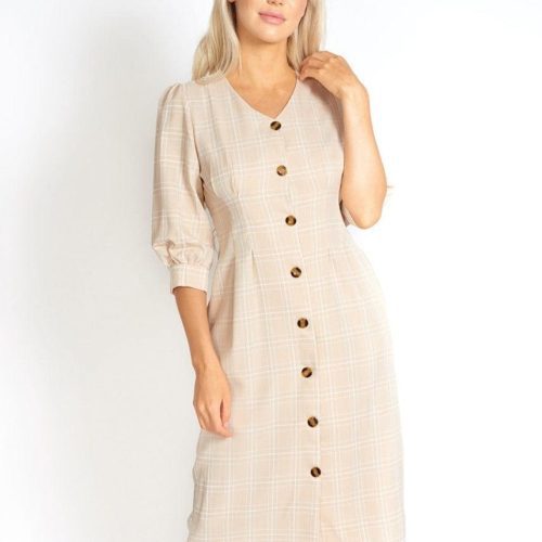 M.USE Women's Dress M / Beige and Cream M.USE Too Cute for Office Modest Plaid Dress