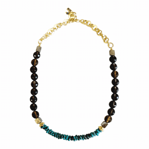 MINU Jewels Necklaces Gold Nuba 16" Necklace in Smoky Quartz, Turquoise & Pyrite