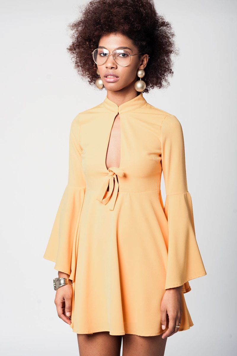 q2 dresses yellow bell sleeve plunge dress 39086665040130