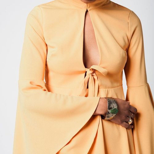 q2 dresses yellow bell sleeve plunge dress 39086665138434