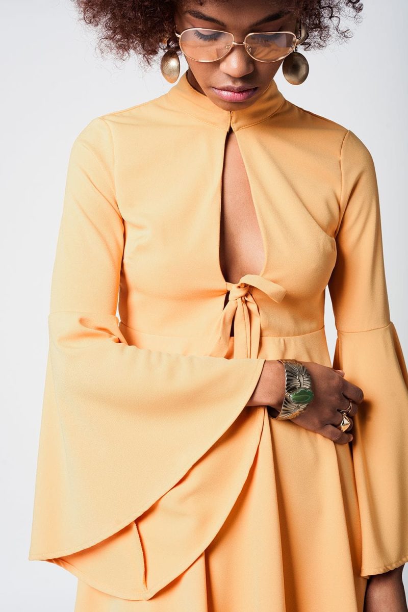 q2 dresses yellow bell sleeve plunge dress 39086665138434