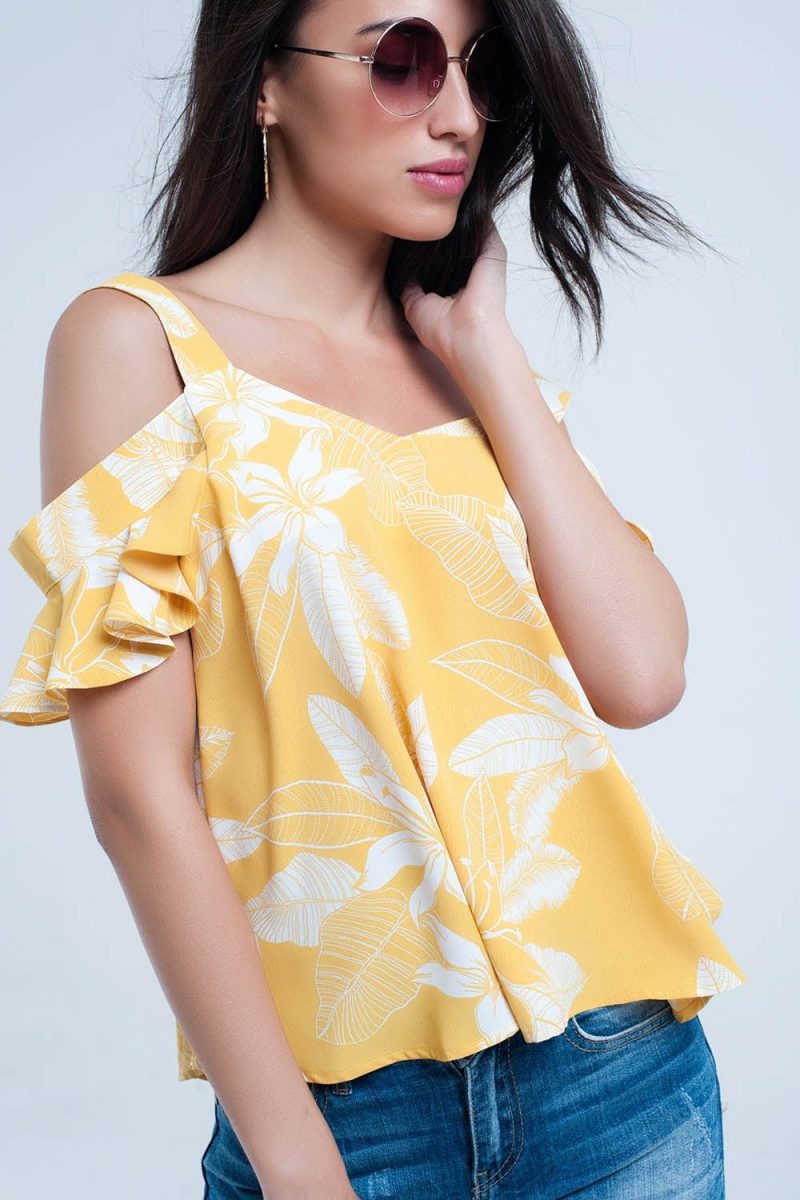 q2 shirts yellow flower top and ruffles detail 39086790770946