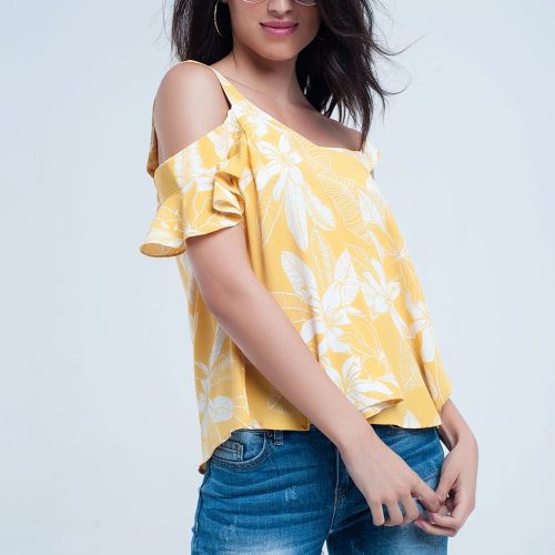 q2 shirts yellow flower top and ruffles detail 39086790836482