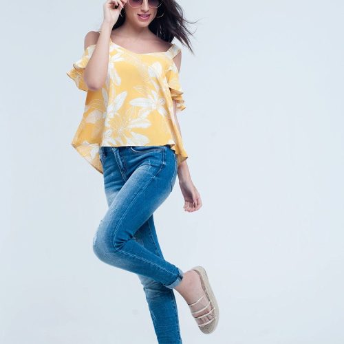 q2 shirts yellow flower top and ruffles detail 39086790869250