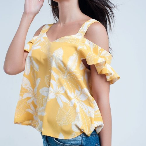 q2 shirts yellow flower top and ruffles detail 39086790902018