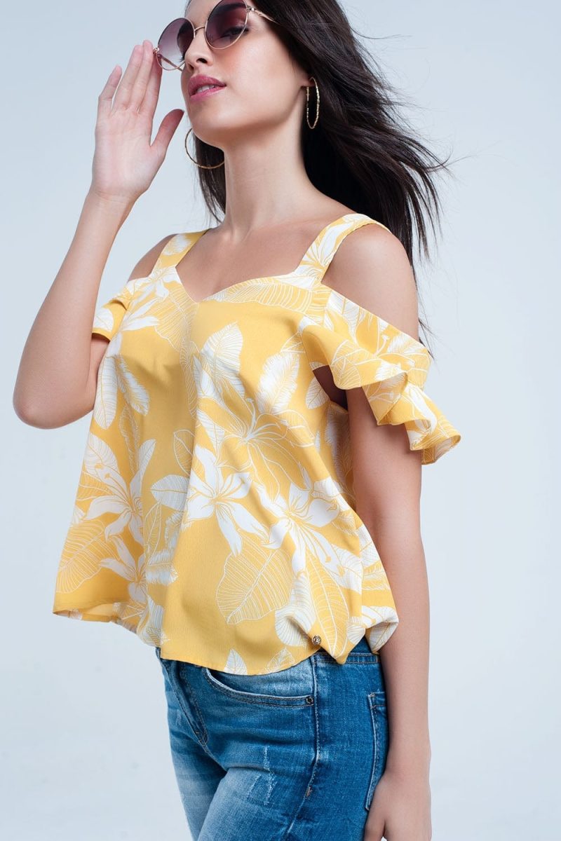 q2 shirts yellow flower top and ruffles detail 39086790902018