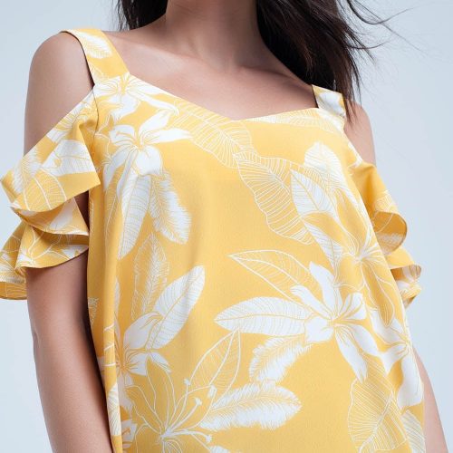 q2 shirts yellow flower top and ruffles detail 39086790934786