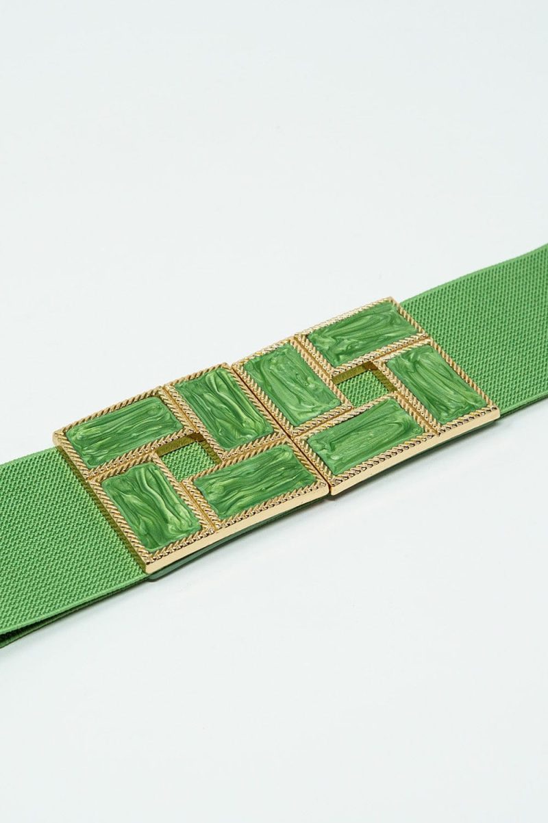 q2 women s belt one size green green elastic belt with squared marbled buckles and gold details 9534513 61283 2534501321015 40608275398914