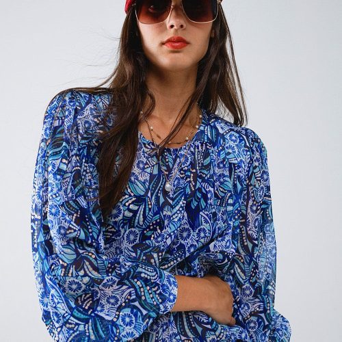 q2 women s blouse abstract print blouse with balloon sleeves in blue abstract print blouse with balloon sleeves in blue 41481155182850