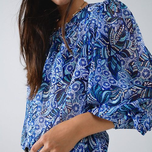 q2 women s blouse abstract print blouse with balloon sleeves in blue abstract print blouse with balloon sleeves in blue 41481155215618