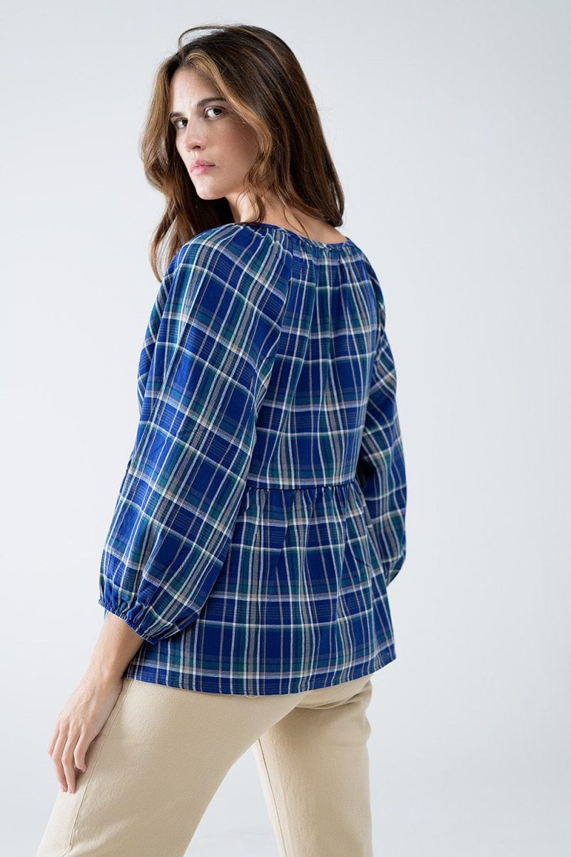 q2 women s blouse babydoll plaid shirt in blue and green babydoll plaid shirt in blue and green 42115298459906