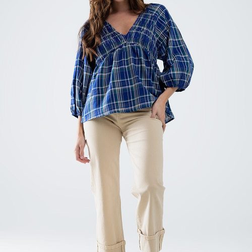 q2 women s blouse babydoll plaid shirt in blue and green babydoll plaid shirt in blue and green 42115298492674