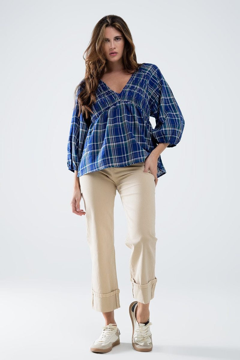 q2 women s blouse babydoll plaid shirt in blue and green babydoll plaid shirt in blue and green 42115298492674