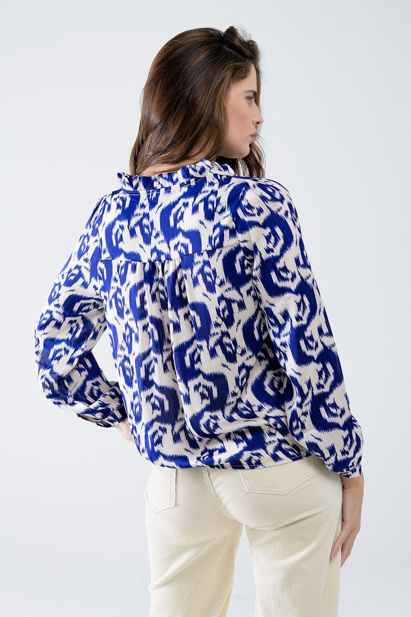 q2 women s blouse balloon sleeve abstract print blouse in navy and white balloon sleeve abstract print blouse in navy and white 42115290104066