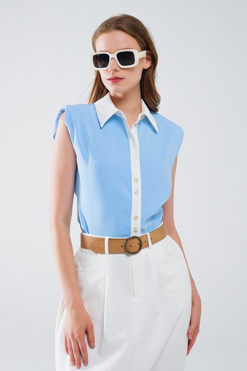 q2 women s blouse blue shirt with white seams and button up closing 41045667381506