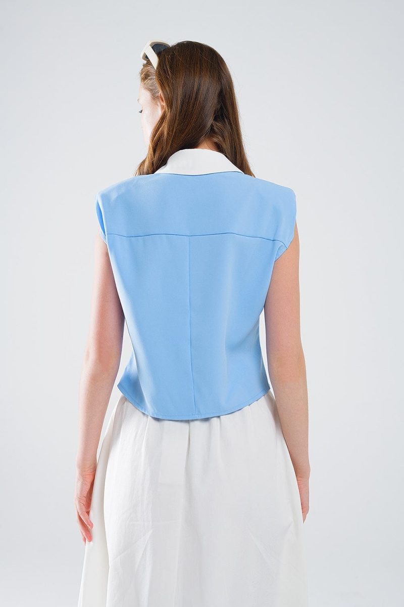 q2 women s blouse blue shirt with white seams and button up closing 41045667447042