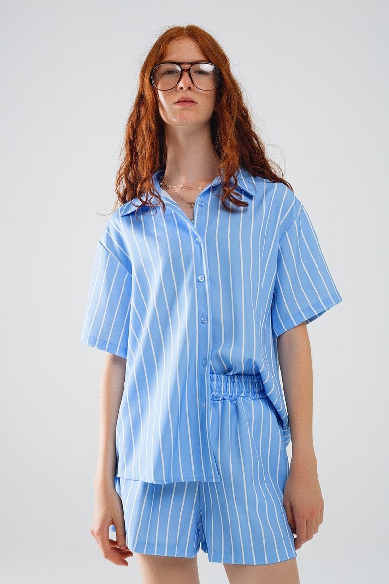 q2 women s blouse blue striped short sleeved shirt 41353111896322