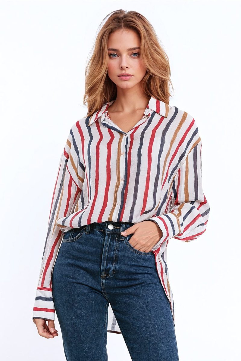 q2 women s blouse chiffon long sleeve shirt with multicolor stripes red and navy chiffon long sleeve shirt with multicolor stripes red and navy 40657678958850