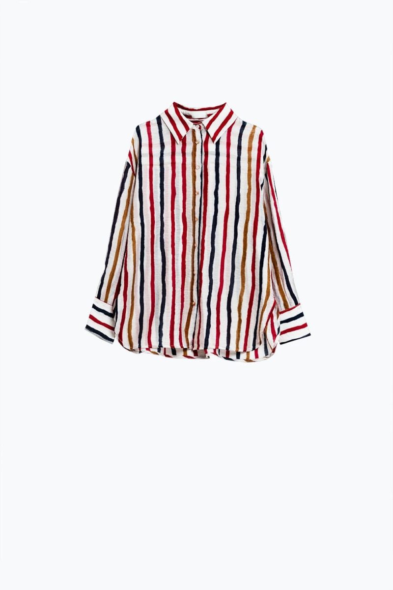 q2 women s blouse chiffon long sleeve shirt with multicolor stripes red and navy chiffon long sleeve shirt with multicolor stripes red and navy 40657679024386