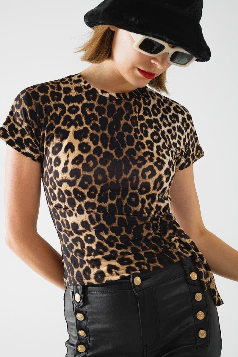 q2 women s blouse leopard print spandex t shirt with bow detail leopard print spandex t shirt with bow detail 41881167659266