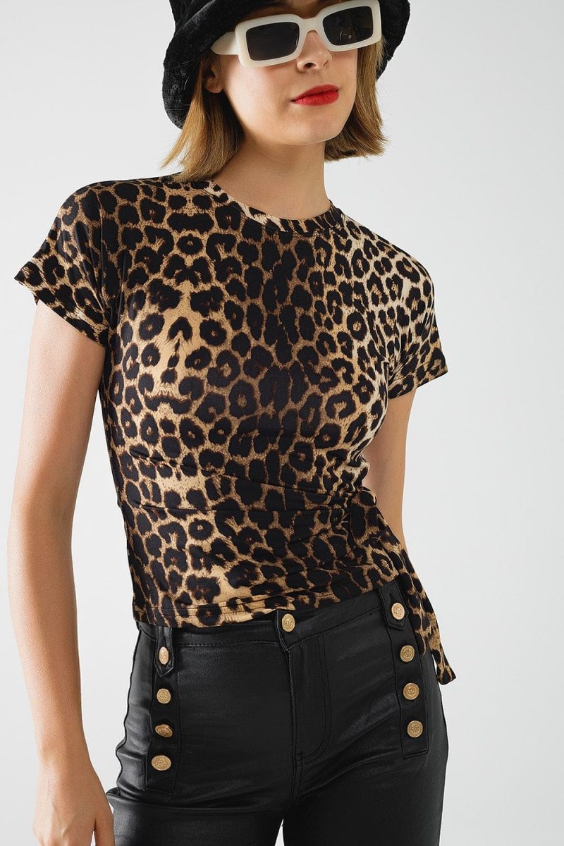 q2 women s blouse leopard print spandex t shirt with bow detail leopard print spandex t shirt with bow detail 41881167757570