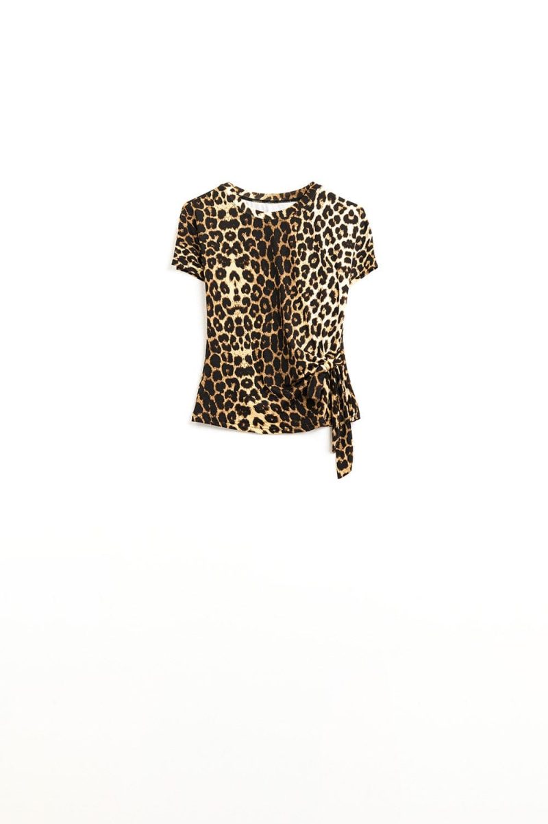 q2 women s blouse leopard print spandex t shirt with bow detail leopard print spandex t shirt with bow detail 41881167823106