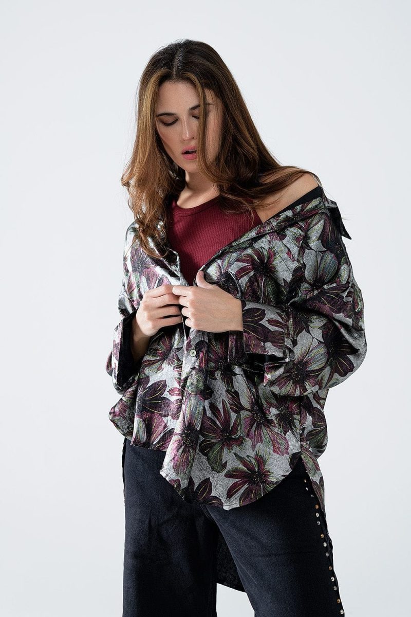 q2 women s blouse metallic effect flower print shirt metallic effect flower print shirt 42084500865282