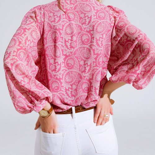 q2 women s blouse pink chiffon blouse with floral print and long balloon sleeves pink chiffon blouse with floral print and long balloon sleeves 40541502112002