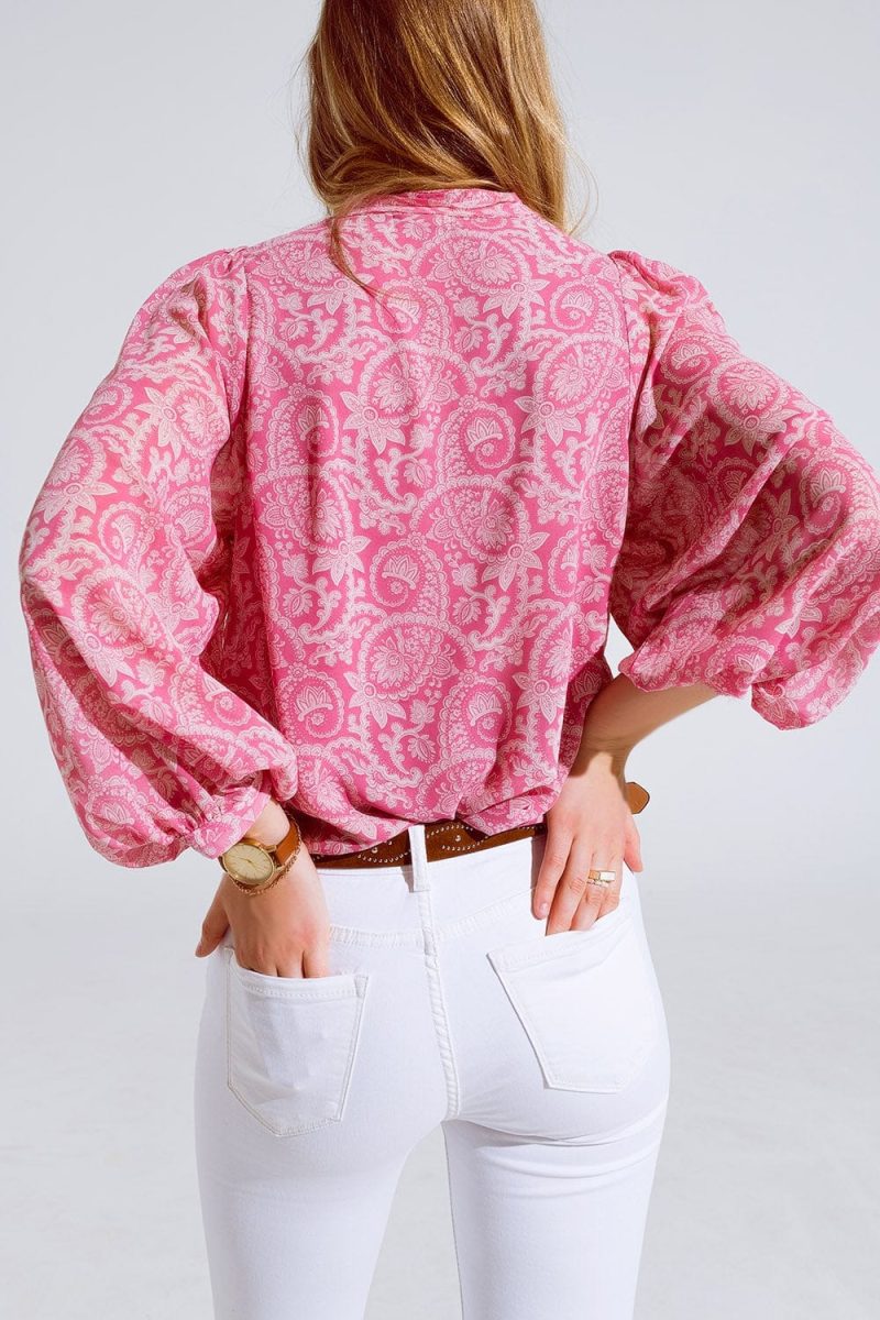 q2 women s blouse pink chiffon blouse with floral print and long balloon sleeves pink chiffon blouse with floral print and long balloon sleeves 40541502112002