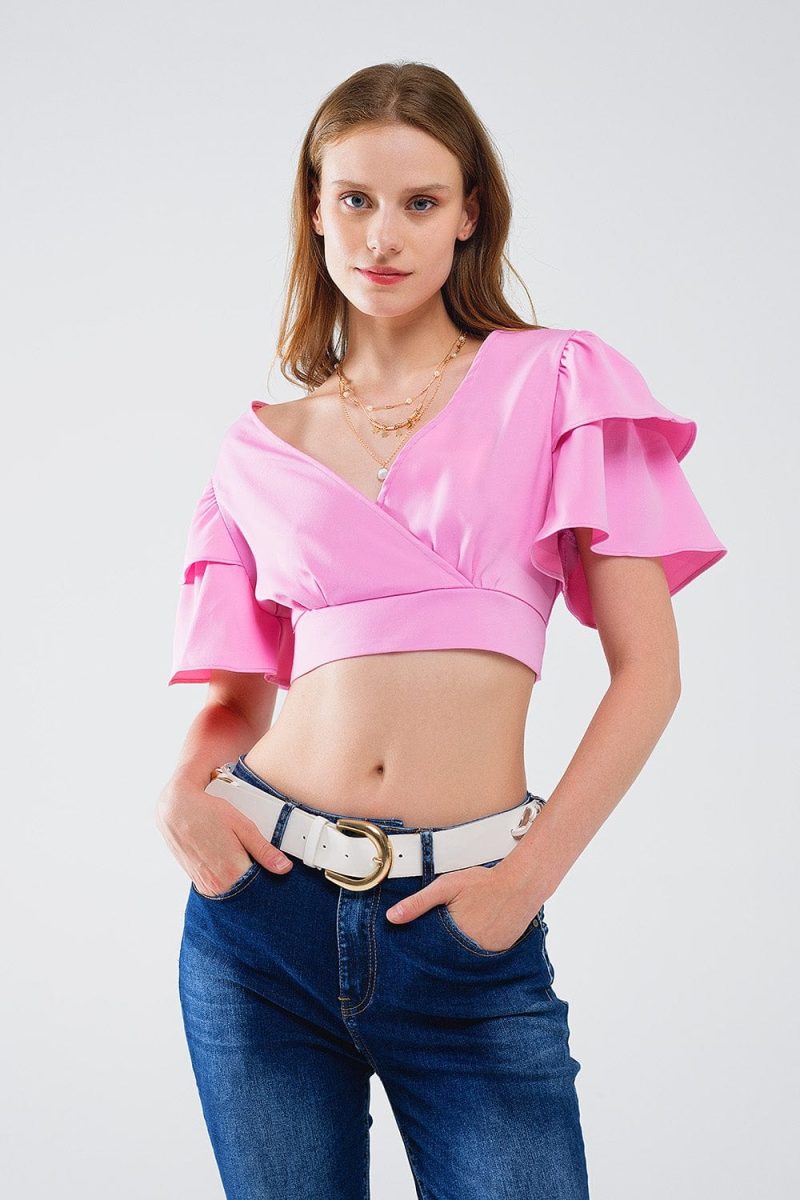 q2 women s blouse pink crop top with short sleeves and v neck pink crop top with short sleeves and v neck 41045651030274