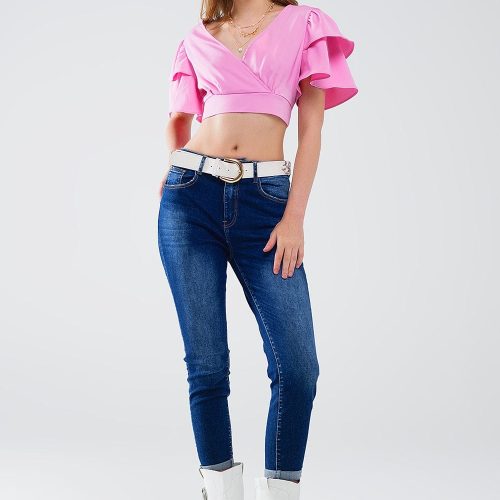 q2 women s blouse pink crop top with short sleeves and v neck pink crop top with short sleeves and v neck 41045651063042