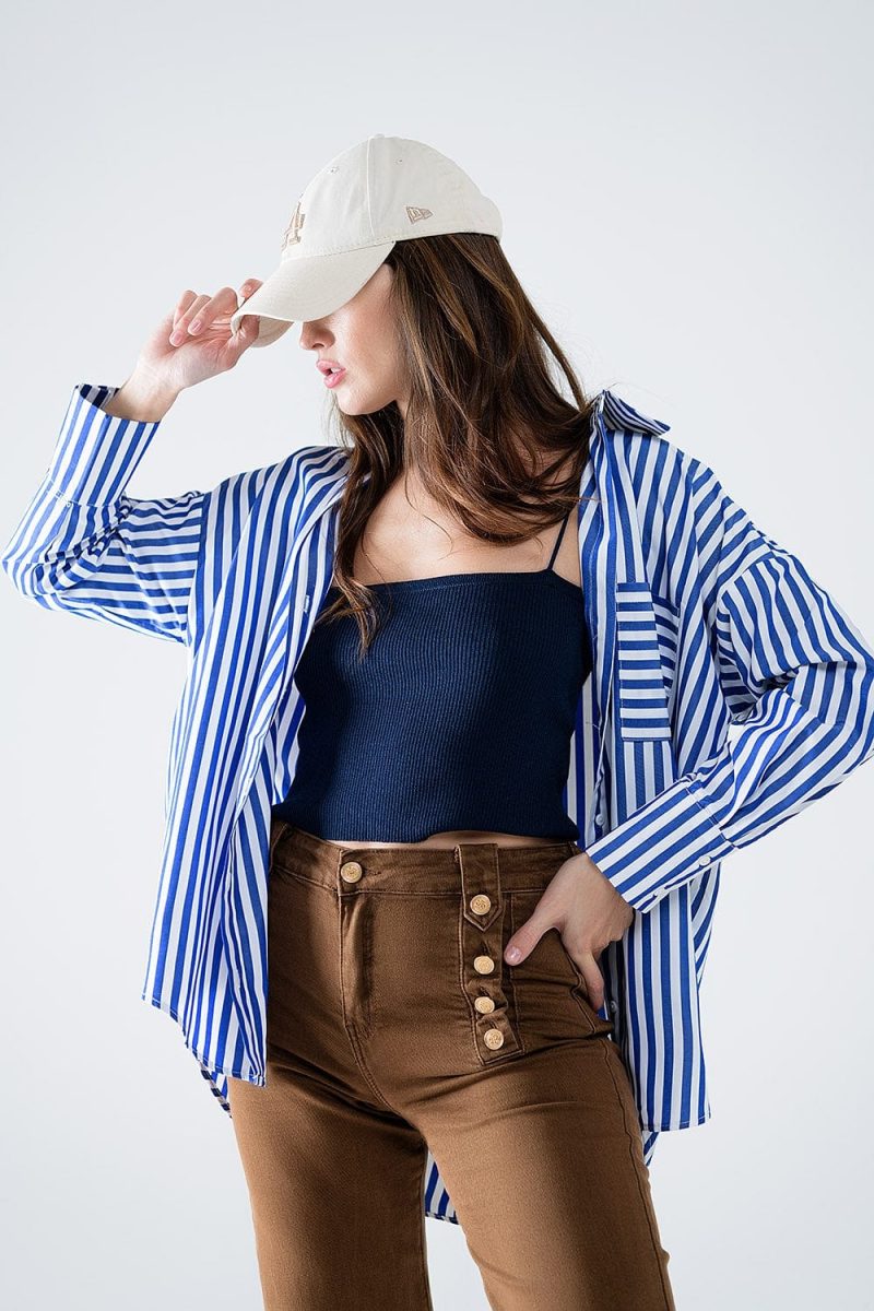 q2 women s blouse poplin shirt with vertical stripes in blue and chest pocket poplin shirt with vertical stripes in blue and chest pocket 42115317825794