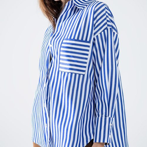 q2 women s blouse poplin shirt with vertical stripes in blue and chest pocket poplin shirt with vertical stripes in blue and chest pocket 42115317924098