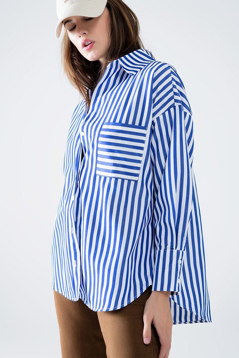 q2 women s blouse poplin shirt with vertical stripes in blue and chest pocket poplin shirt with vertical stripes in blue and chest pocket 42115317924098