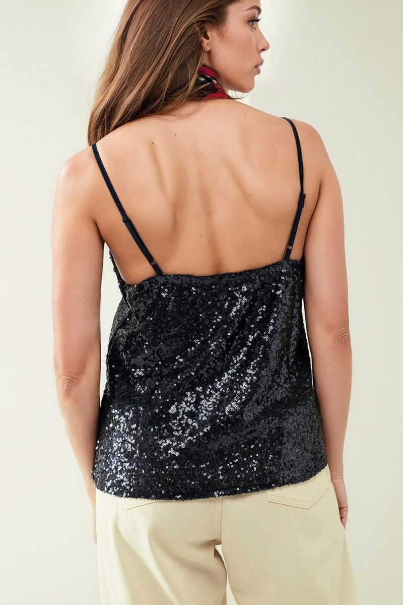 q2 women s blouse spaguetti strap top with deep v neckline in navy sequins 40019330433282