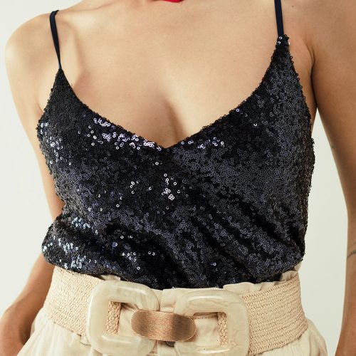 q2 women s blouse spaguetti strap top with deep v neckline in navy sequins 40019330498818