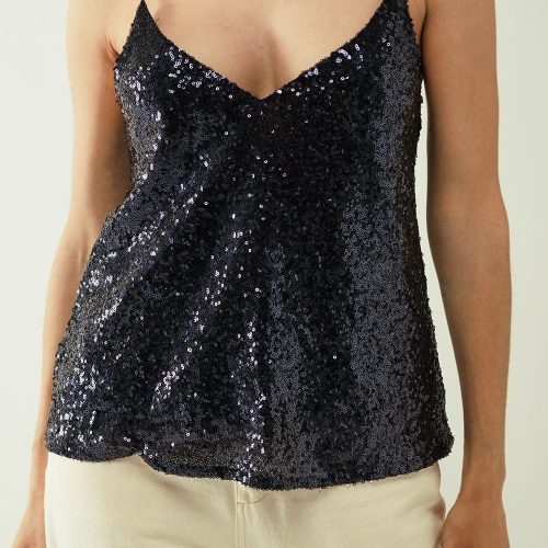 q2 women s blouse spaguetti strap top with deep v neckline in navy sequins 40019330531586