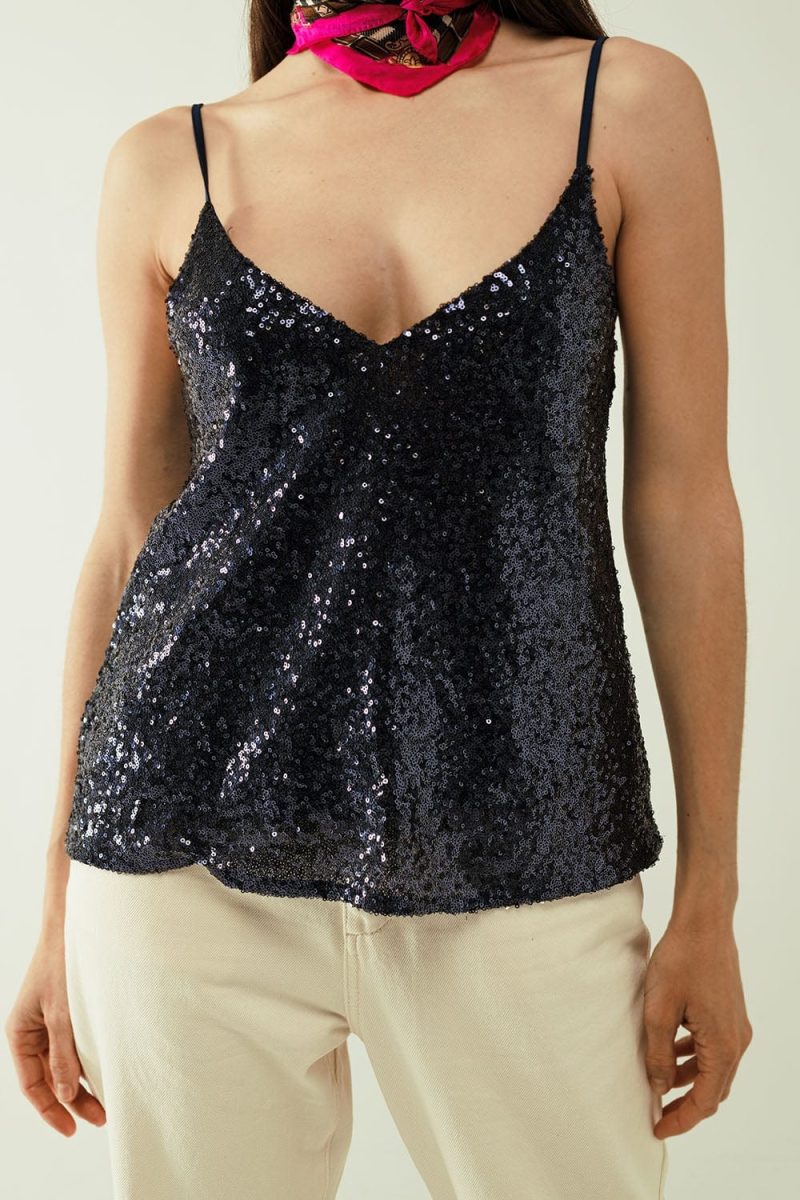 q2 women s blouse spaguetti strap top with deep v neckline in navy sequins 40019330531586