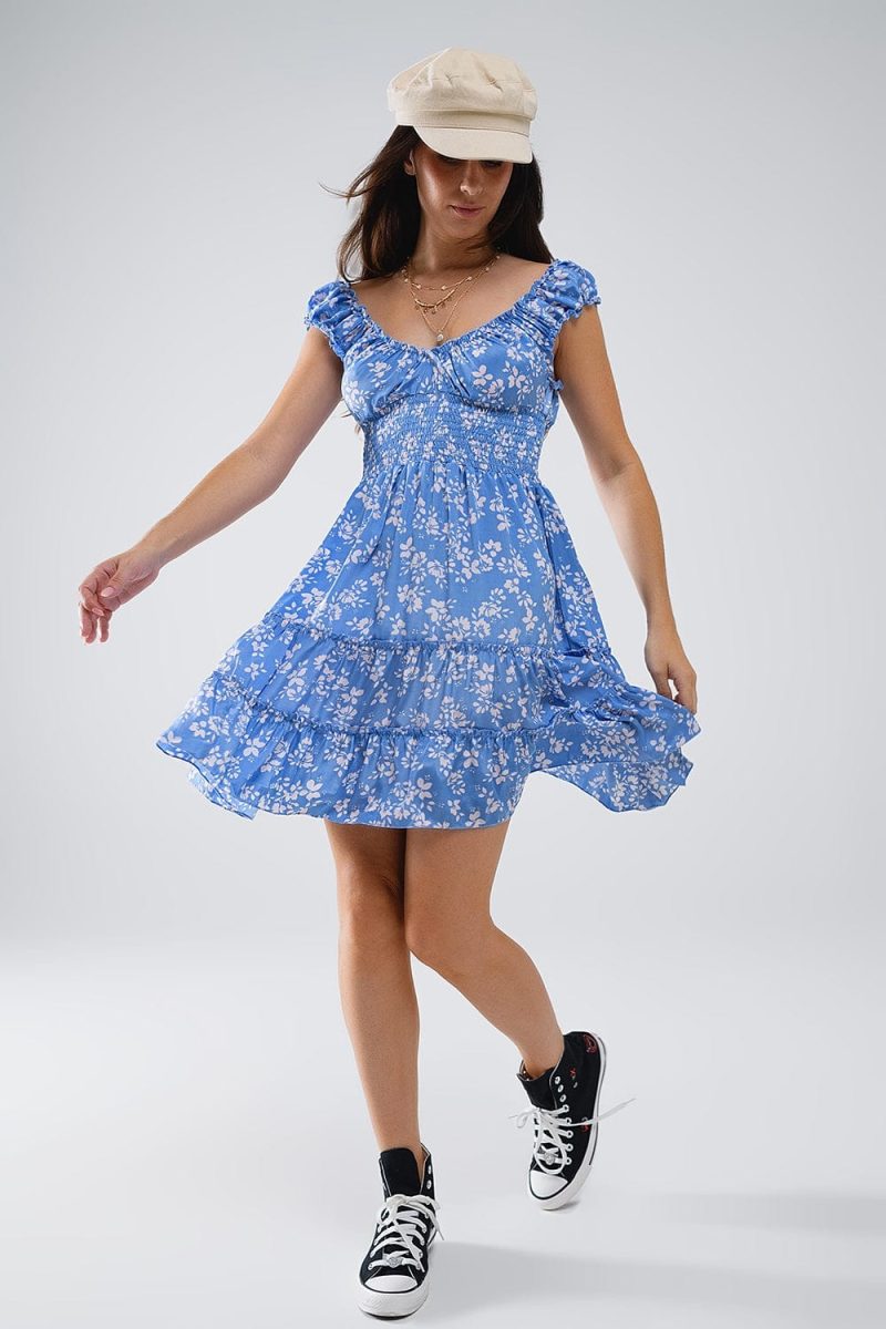 q2 women s dress blue short dress with white floral print and elastic waist blue short dress with white floral print and elastic waist 41301052096770