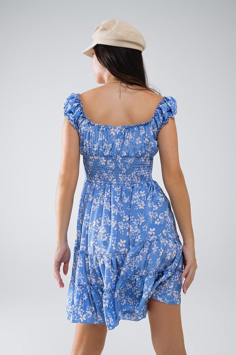 q2 women s dress blue short dress with white floral print and elastic waist blue short dress with white floral print and elastic waist 41301052129538