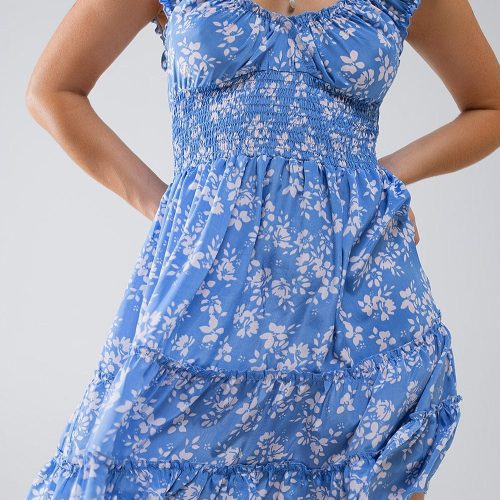 q2 women s dress blue short dress with white floral print and elastic waist blue short dress with white floral print and elastic waist 41301052162306