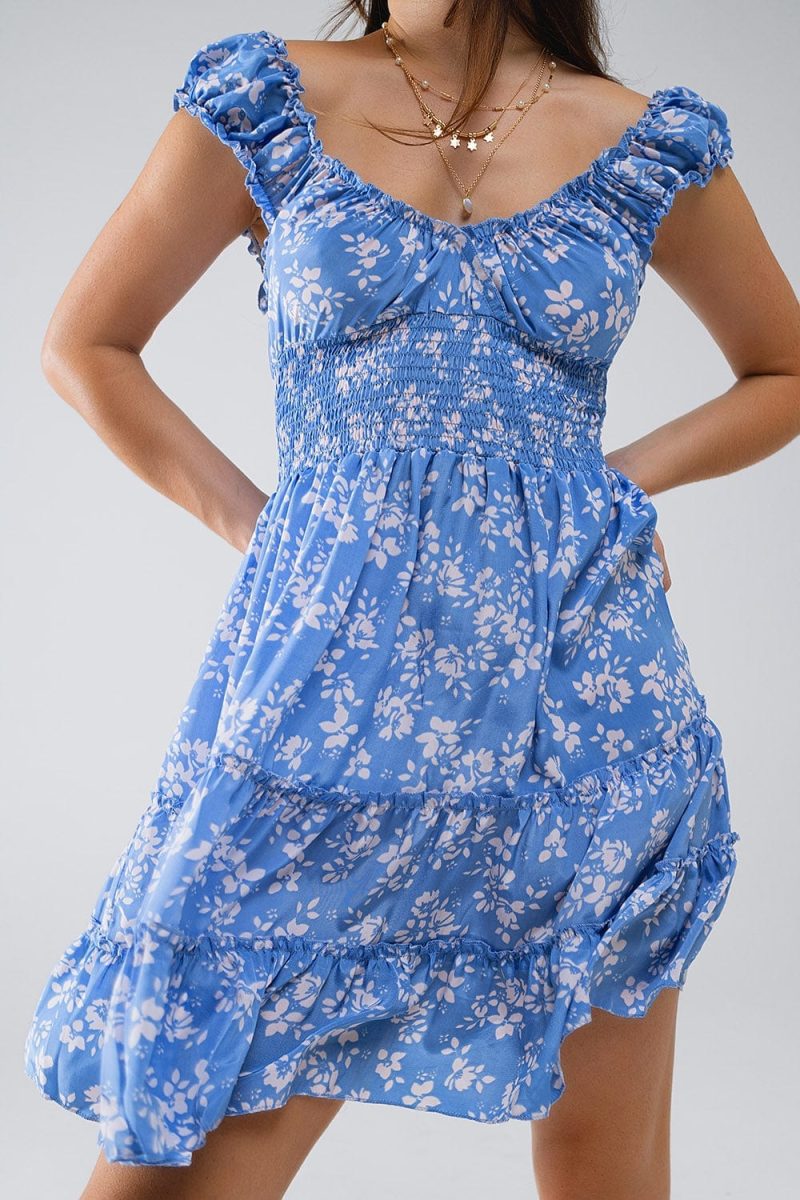 q2 women s dress blue short dress with white floral print and elastic waist blue short dress with white floral print and elastic waist 41301052162306