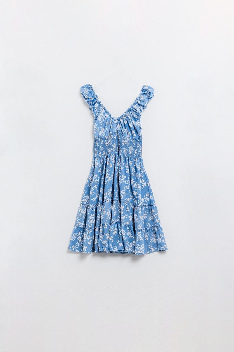 q2 women s dress blue short dress with white floral print and elastic waist blue short dress with white floral print and elastic waist 41301052195074