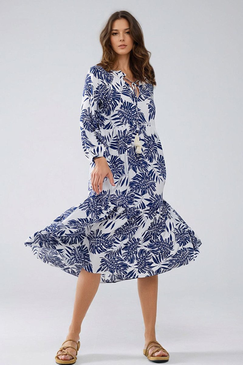 q2 women s dress boho maxi dress with balloon sleeves and leaf print in navy and white boho maxi dress with balloon sleeves and leaf print in navy and white 40847151038722