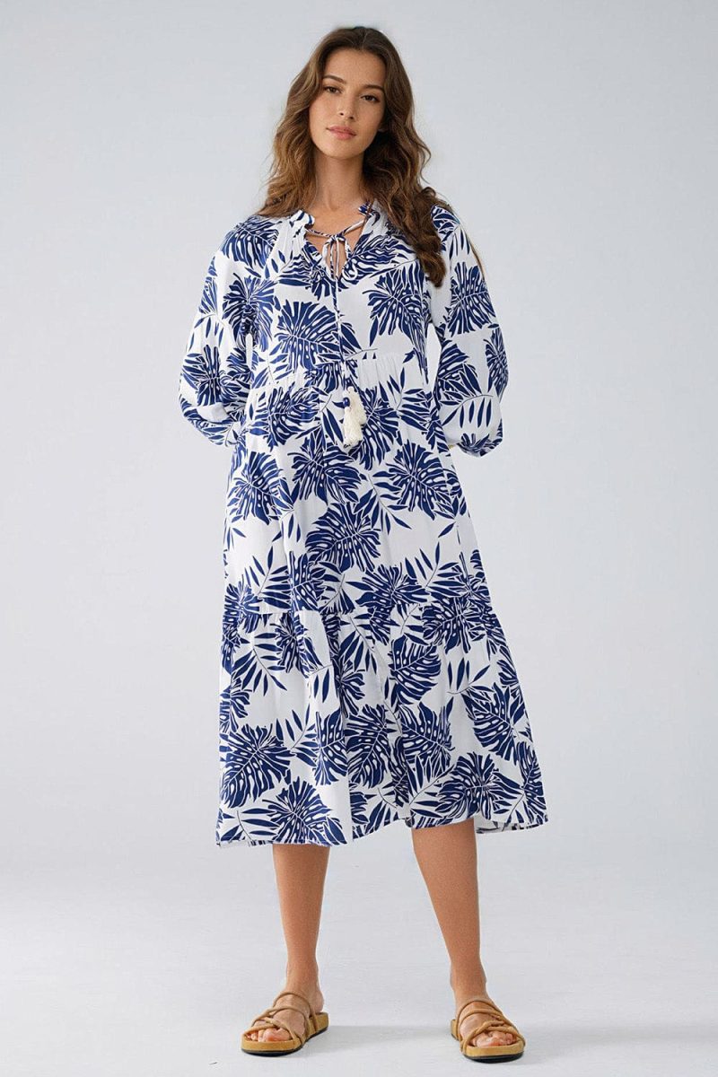 q2 women s dress boho maxi dress with balloon sleeves and leaf print in navy and white boho maxi dress with balloon sleeves and leaf print in navy and white 40847151137026