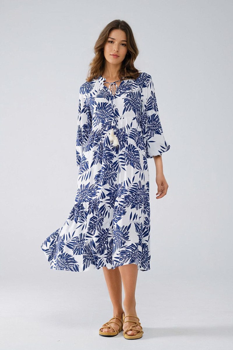 q2 women s dress boho maxi dress with balloon sleeves and leaf print in navy and white boho maxi dress with balloon sleeves and leaf print in navy and white 40847151169794