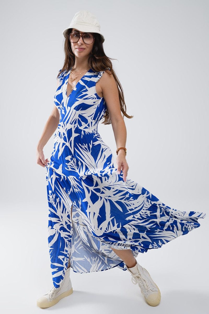 q2 women s dress maxi tropical print v neck dress with slit in blue maxi tropical print v neck dress with slit in blue 41301052686594